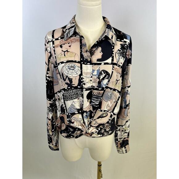 MILK & HONEY Long Sleeve Blouse 90s Hat Lady’s Print Ruched Waist Rayon Women M - Picture 7 of 9